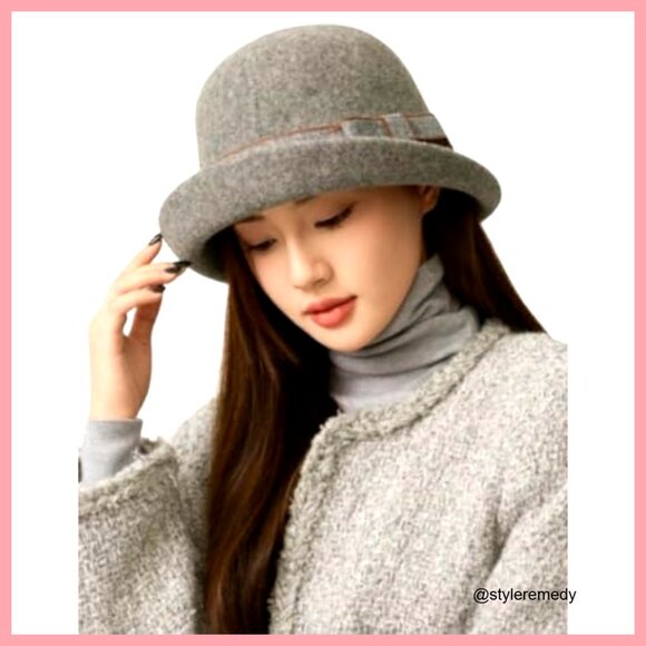 Vintage Felt Cloche Hat Polyester Bucket Cap with Bow main image 4